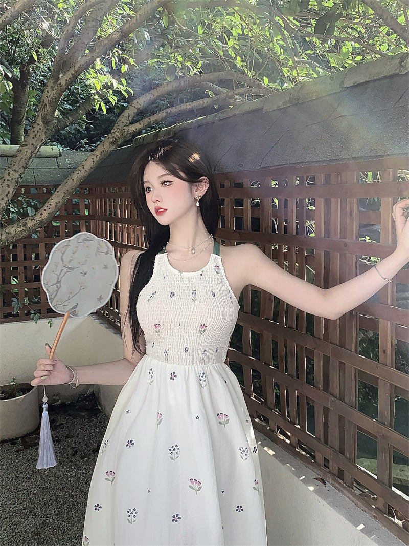 2025 retro floral suspender dress women's summer high-end vacation sleeveless backless long dress waist and thin skirt