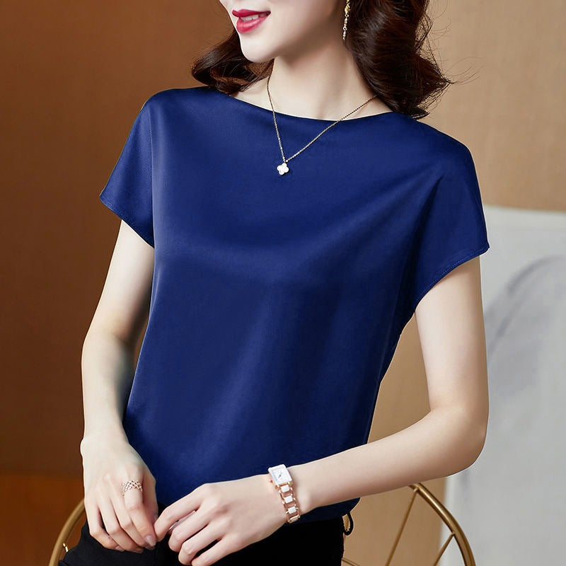 VLOVELAW round Neck Short-Sleeved T-shirt Women's Pure Color Mulberry Silk Textured Top plus Size Loose Satin Base Shirt First-Hand Supply Batch