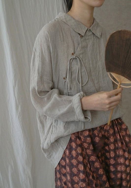 retro literary lapel slanted rain and dew hemp shirt, casual light Chinese natural hemp top S22262