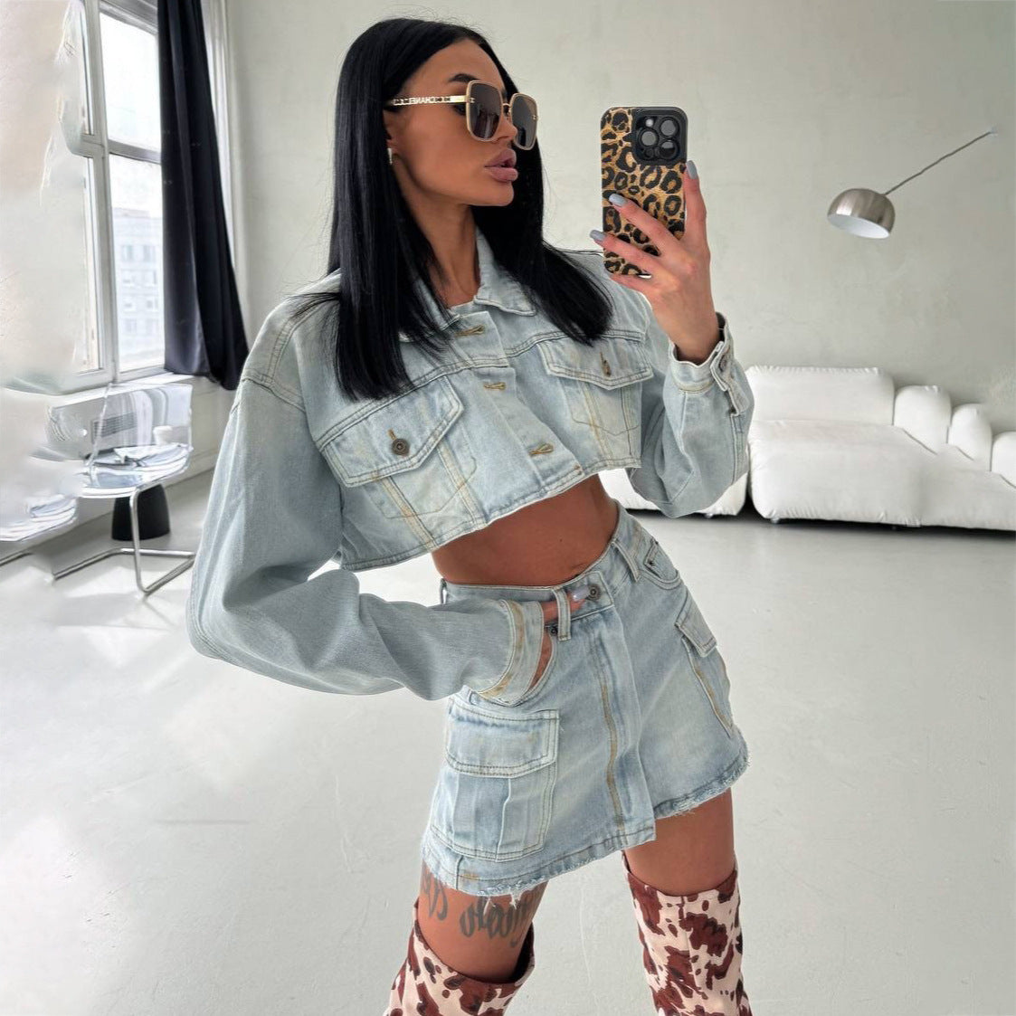 2025 2025n Spice Girl short open-navel denim suit women's two-piece set spring new deconstruction design skirt suit new