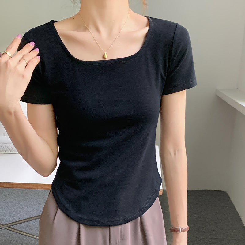 VLOVELAW 260G Selection Pure Cotton T-shirt Women's Summer Short Sleeve New Irregular Curved Slim Slimming U Collar Bottoming Top