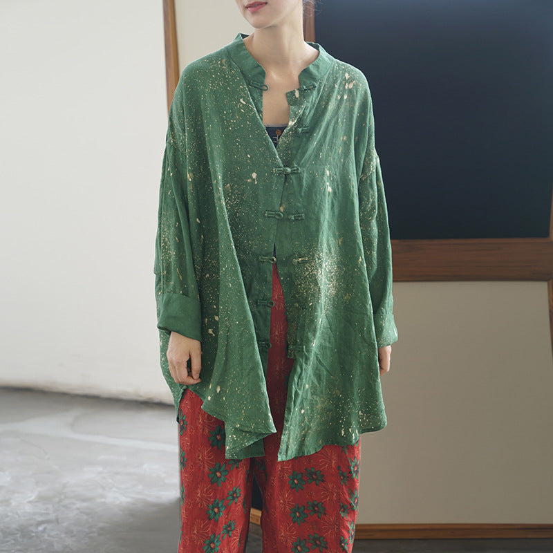 retro art splash ink printing linen Chinese loose coat, Guochao placket silhouette shirt S22293