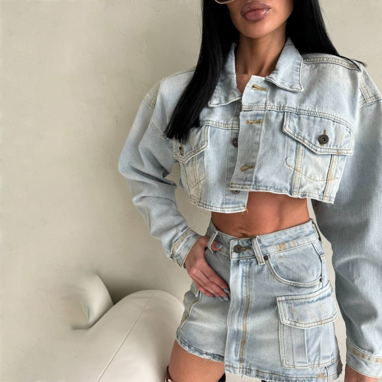 2025 2025n Spice Girl short open-navel denim suit women's two-piece set spring new deconstruction design skirt suit new