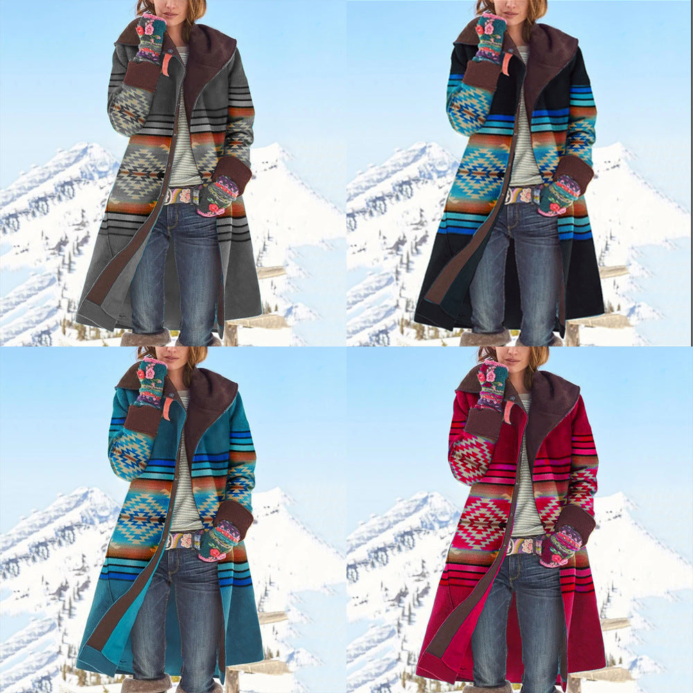 autumn and winter new Popular trade women's clothing medium and long printed top long sleeve dragon and phoenix woolen coat