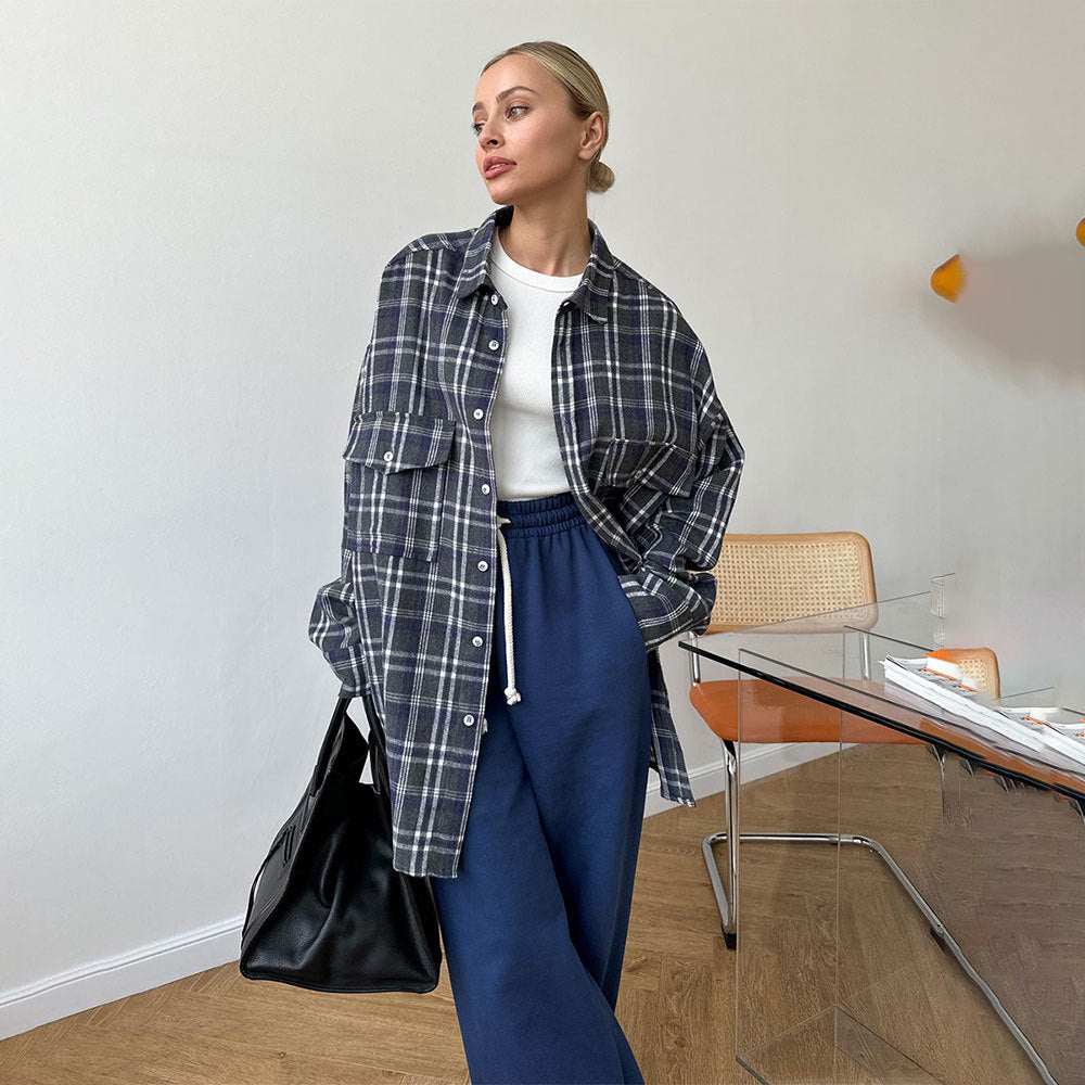 KKBOXLY Plaid shirt women's 2025 cross-border New autumn new American retro double pocket plaid striped medium and long shirt