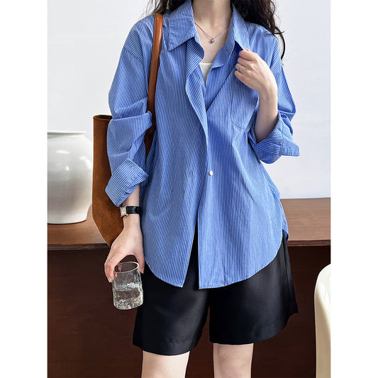 Luxi Port Style Temperament Striped Shirt Women's Spring Lazy Loose Salt Wear Off-Shoulder Sleeve Shirt Jacket 7059