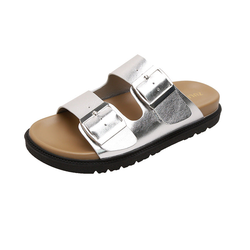 VLOVELAW Grape Mom's Same Retro Genuine Leather Slippers round Toe with Square Buckle Adjustable Platform Casual Boken Slippers