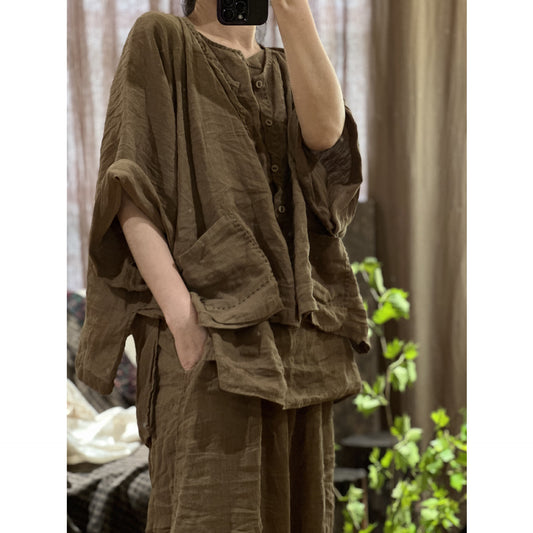 2025    23/4/Half Dust/Literary Retro Linen Hand Sewn Thread Breasted Loose Shoulder Shoulder Shirt