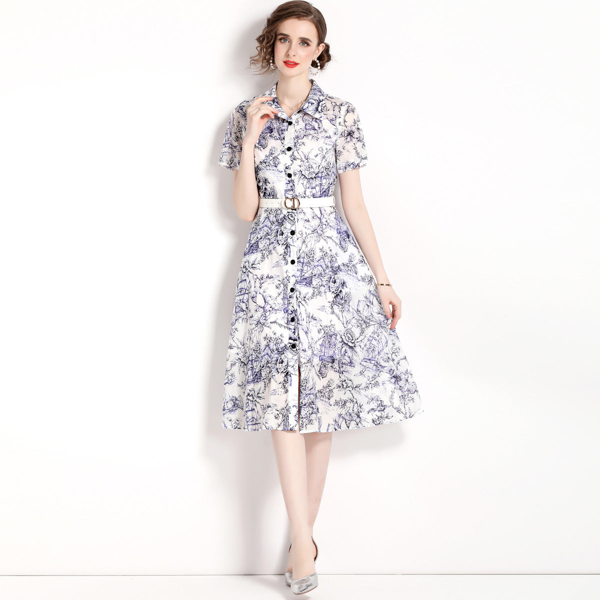 Medium and long shirt shirt skirt women's popular summer new retro lapel single-breasted printed lace-up dress