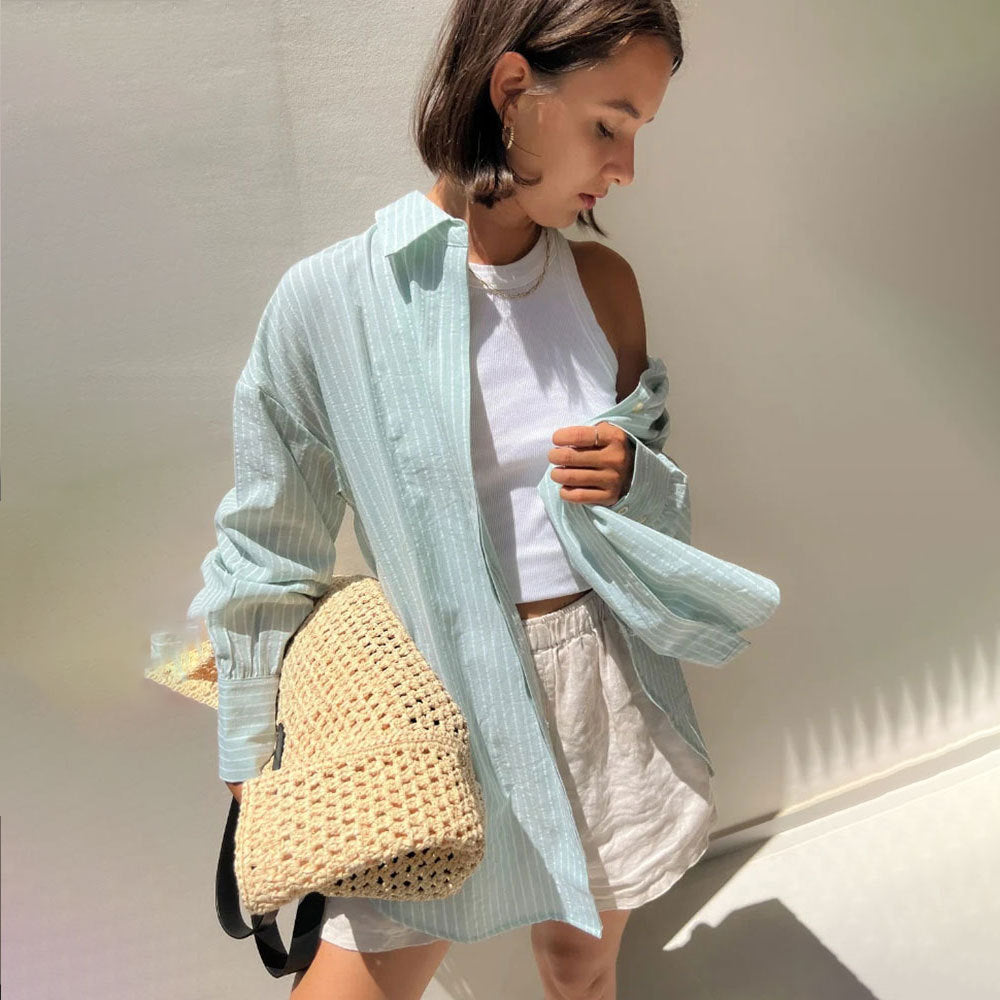VLOVELAW striped shirt 2025 popular autumn and winter new casual loose sugar macaron medium and long striped shirt