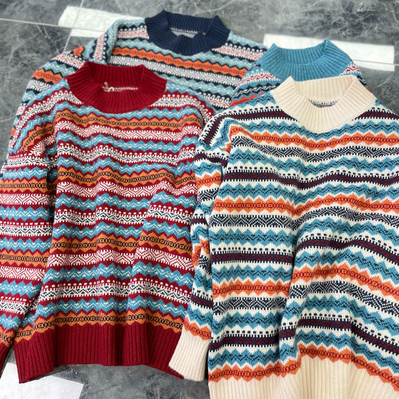 Official website direct sales thickened semi-turtleneck striped knitted sweater bottoming shirt autumn and winter new sweater inside and outside
