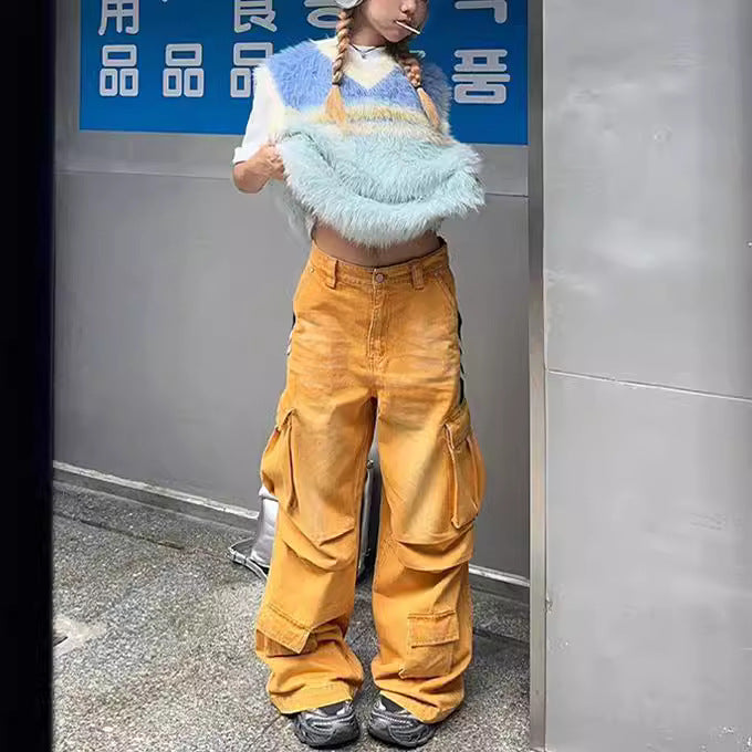 VLOVELAW American hiphop knitted sweater women's spring and autumn contrasting color v-neck vest jacket couple loose sleeveless vest top