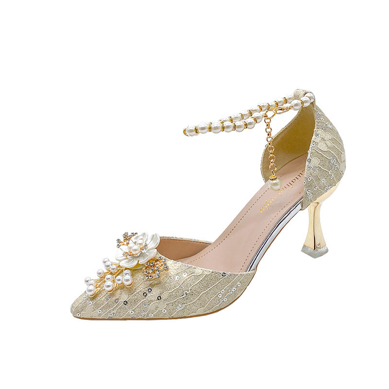 High Heel Wedding Shoes Women's Four Seasons New Lace-up Beaded Bride Toasting Xiuhe Wedding Dress Two-Way Wear Not Tired Women's Shoes