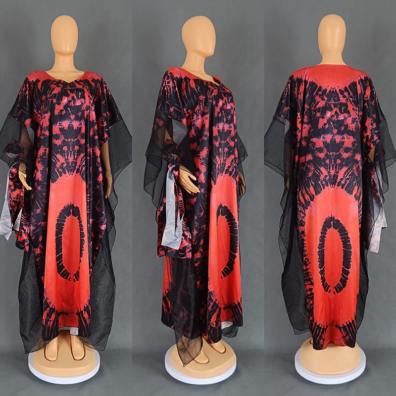 VLOVELAW Cross-Border European and American Women's Clothing African Middle East Ethnic Style Retro Long Gown Mesh Printed Tape Headscarf Dress 9004