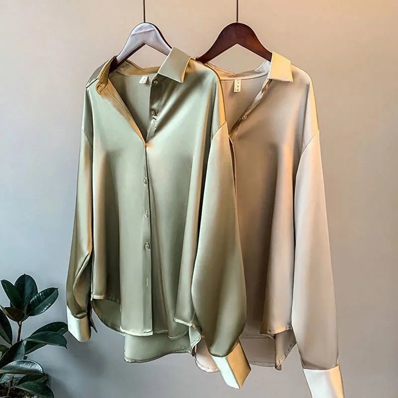 VLOVELAW Long Sleeve Satin Shirt Women's Design Sense Niche Spring and Summer New All-Match Draping Top Retro Hong Kong Style Shirt