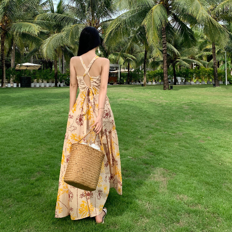 2025 Printed halter bow floral super fairy dress women's summer seaside vacation suspender skirt long large skirt