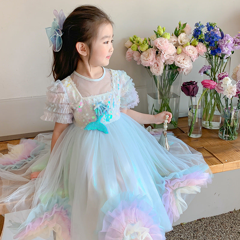 VLOVELAW Girl's Mermaid Princess Dress Summer New Girl's Western Style Fashion Pettiskirt Summer Children's Dress