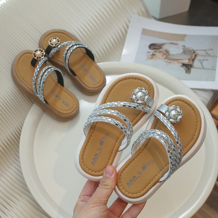 VLOVELAW Children's Slippers Summer New Little Girl Soft Bottom Girl Rhinestone Flat Slippers Tide