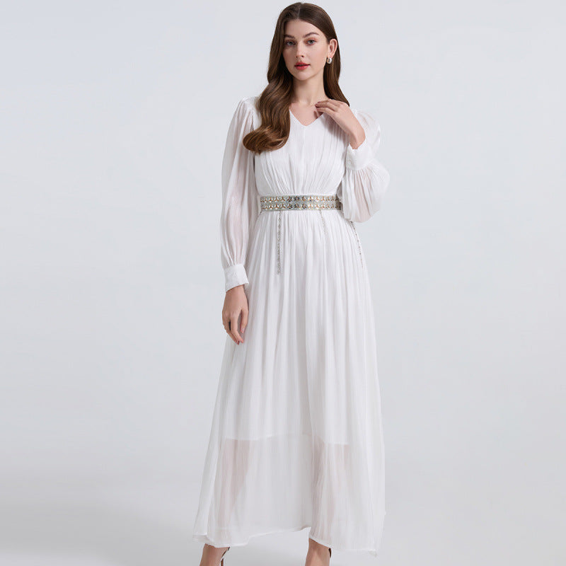 White seaside vacation dress women's summer high-end feeling elegant big swing dress Sanya beach skirt super fairy gauze skirt