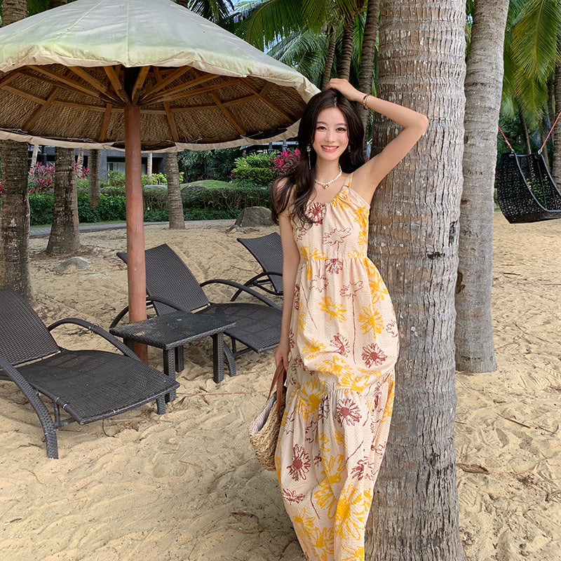 2025 Printed suspender halter bow Japanese vacation seaside dress atmosphere loose big skirt beach skirt summer