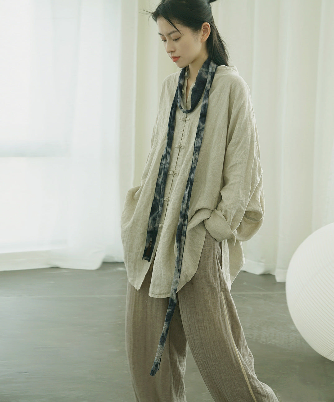 early autumn retro loose silhouette linen jacket, national style casual free and easy disc buckle long trench coat S22271