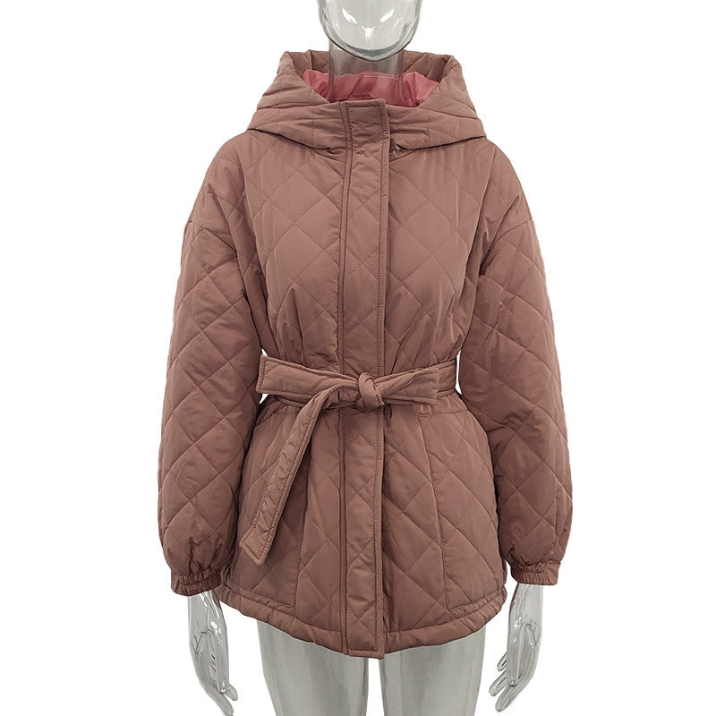 Cross-border foreign trade independent station Europe, America, autumn and winter hooded cotton-padded clothes, solid color warm jacket, top, women's single-breasted buckle with belt