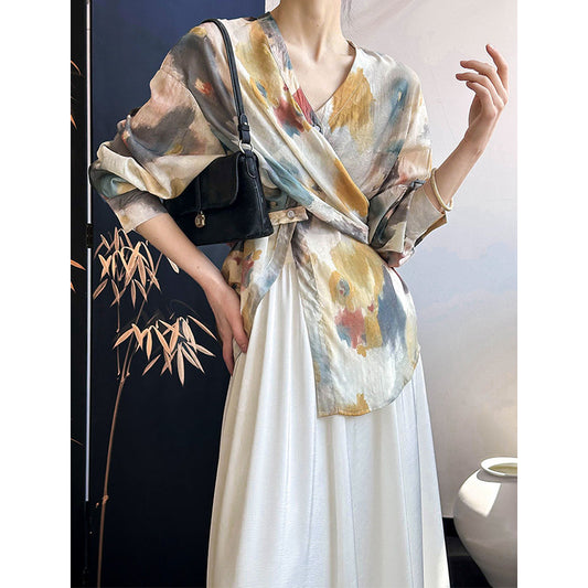 2025 Tachibana, spring new  retro smudge long-sleeved shirt women's design irregular top 1593