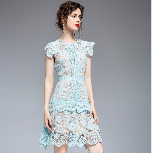 2021 summer new women's clothing heavy industry lace irregular fan skirt flying sleeves scheming slim dress