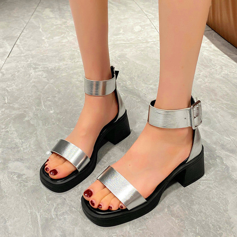 VLOVELAW High Heel Sandals for Women Summer New British Style Peep Toe Strap Bag Heel Chunky Heel Back Zipper Sandals Wholesale
