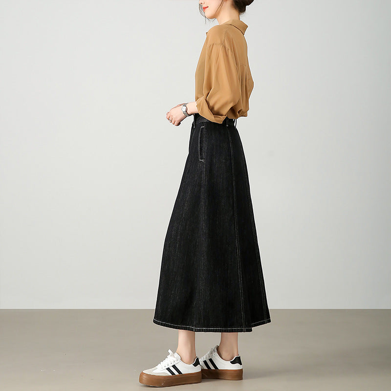 2025 Spring and summer new high-end dark denim skirt over the knee A-shaped version simple daily commuter umbrella skirt