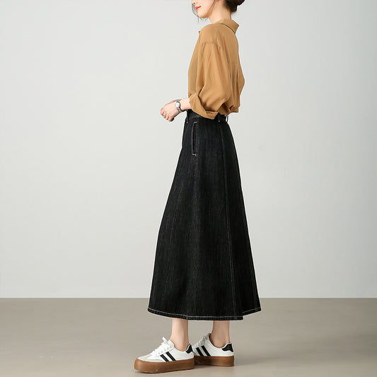 2025  Spring and summer new high-end dark denim skirt over the knee A-shaped version simple daily commuter umbrella skirt