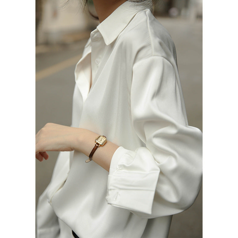 VLOVELAW Long Sleeve Satin Shirt Women's Design Sense Niche Spring and Summer New All-Match Draping Top Retro Hong Kong Style Shirt