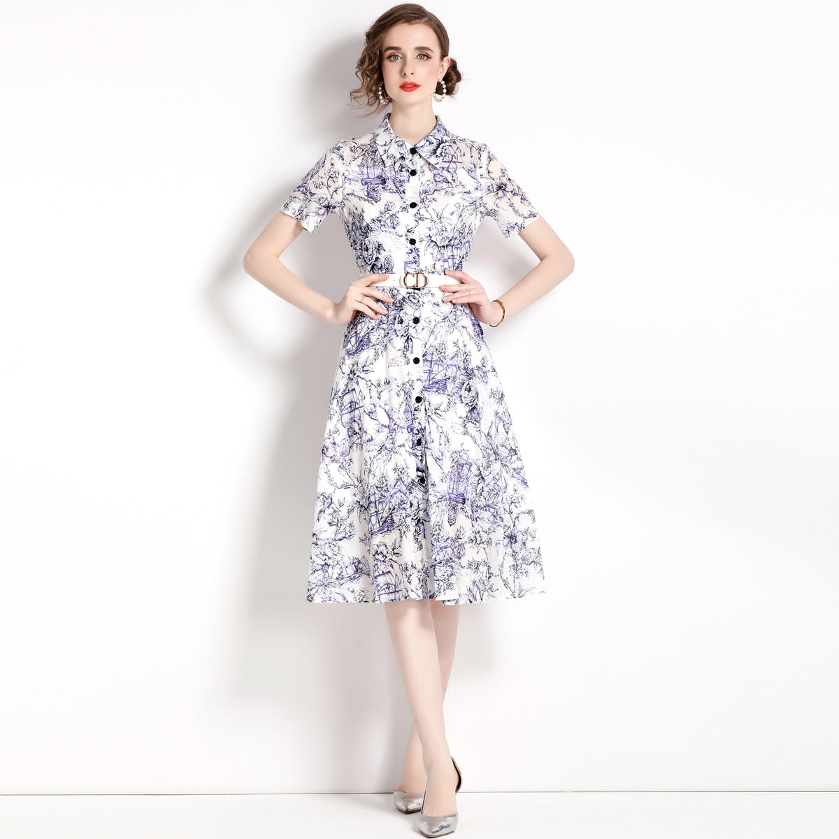 Medium and long shirt shirt skirt women's popular summer new retro lapel single-breasted printed lace-up dress