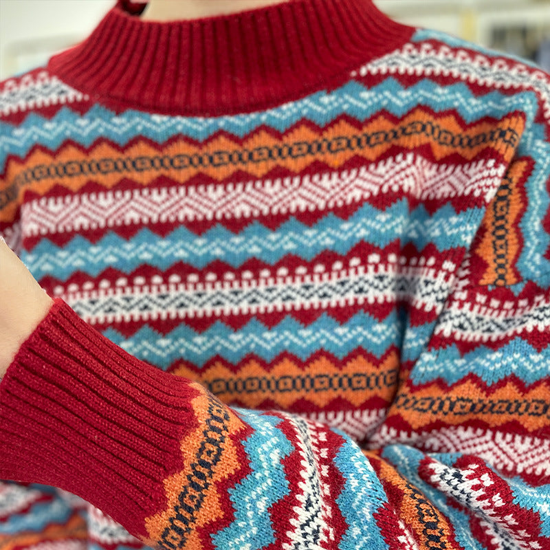 Official website direct sales thickened semi-turtleneck striped knitted sweater bottoming shirt autumn and winter new sweater inside and outside