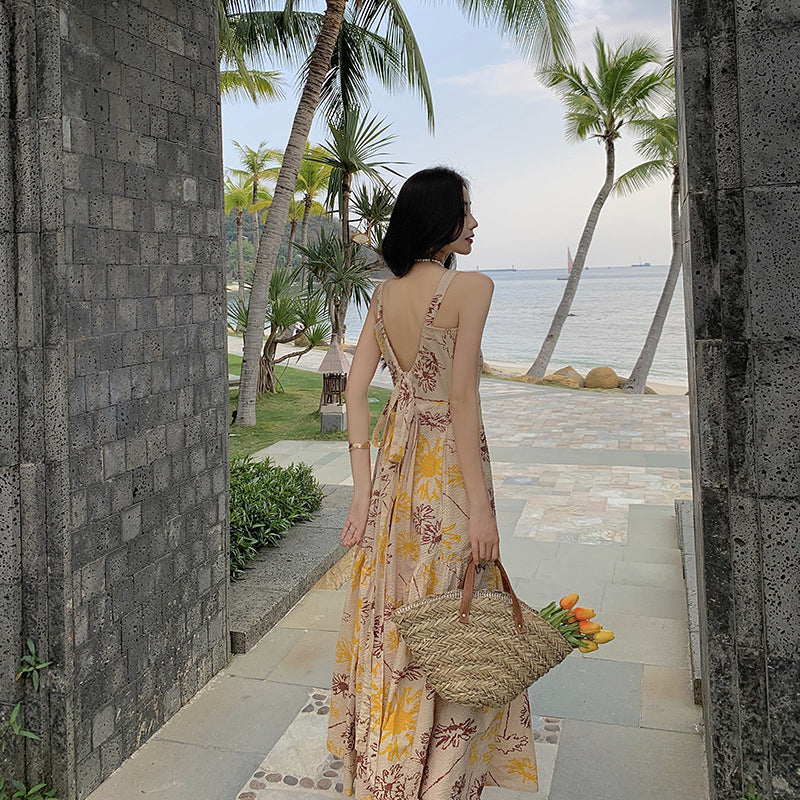 2025 Printed suspender halter bow Japanese vacation seaside dress atmosphere loose big skirt beach skirt summer