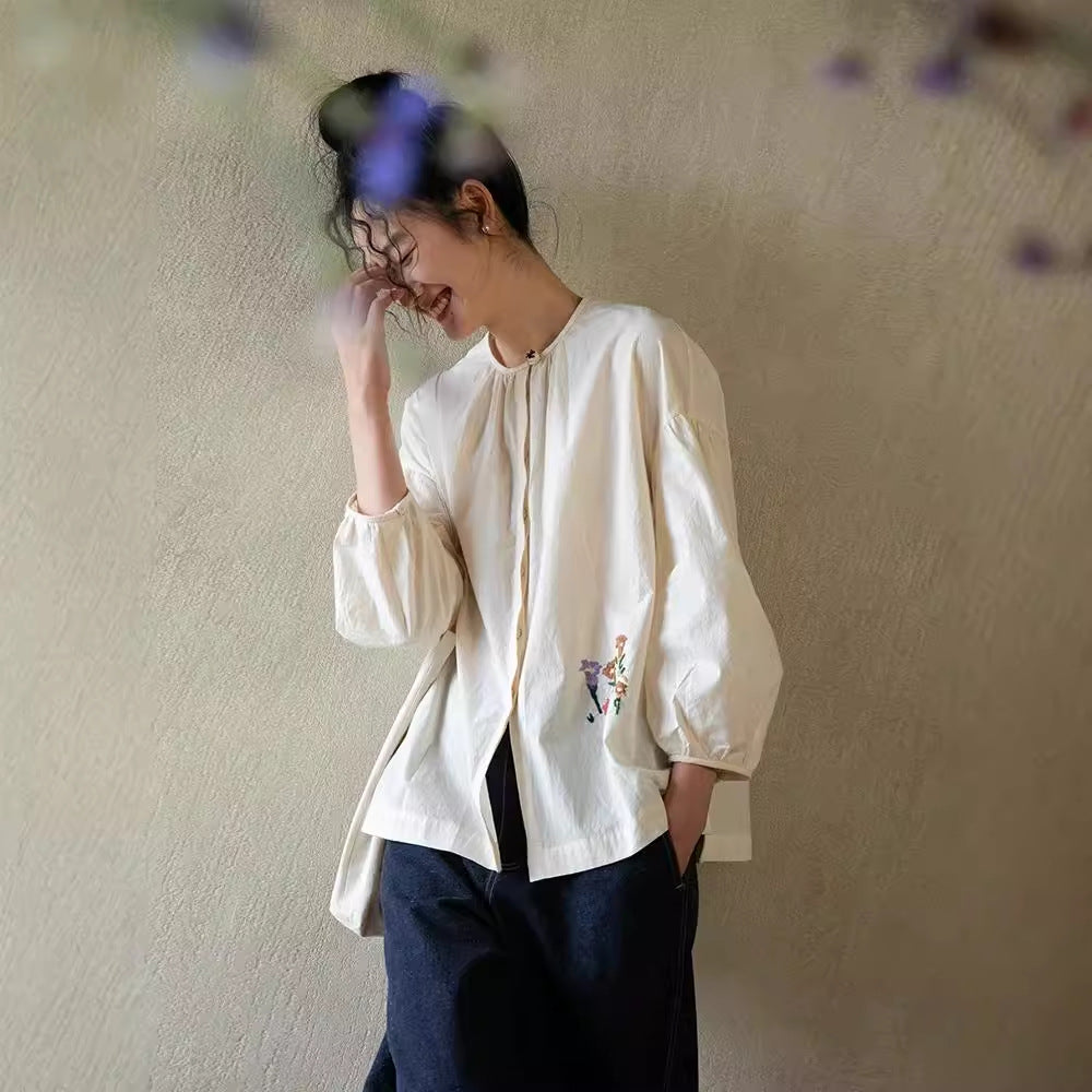 Embroidered cotton women's shirt, shirt women's high-end sense, early autumn light and thin literary pure cotton versatile top B0912