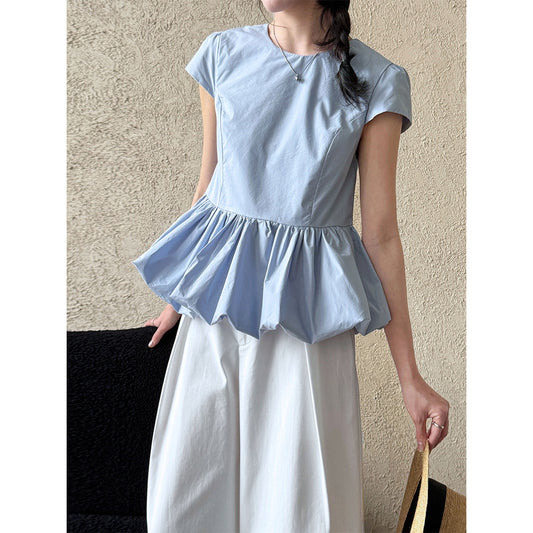 Luxi, temperament versatile splicing pleated hem lace T-shirt spring and summer new simple niche top short sleeve 8739