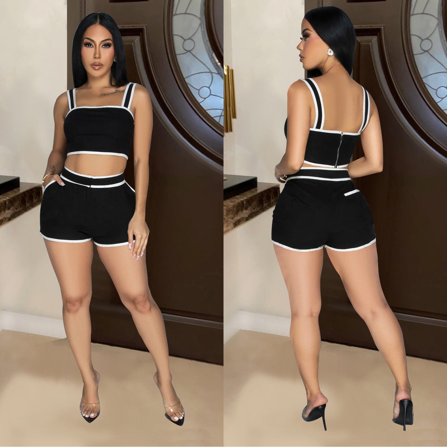 2025 C6966    New  Fashion Women's Clothing Solid Color Suspender Shorts Two-piece Set Women's