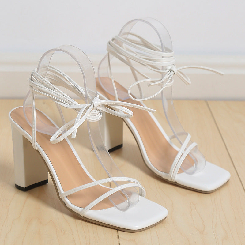 VLOVELAW Sandals plus Size Women's Shoes Foreign Trade Wear Square Toe Laces Popular Chunky Heel Roman European and American Women's Cross-Border Strap Fashion