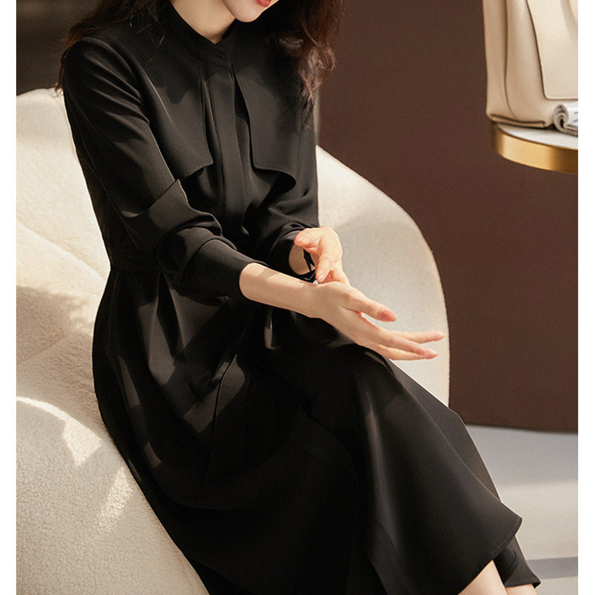 2025 temperament Hepburn style small black dress, shirt dress  spring and summer women's clothing long-sleeved medium and long skirt
