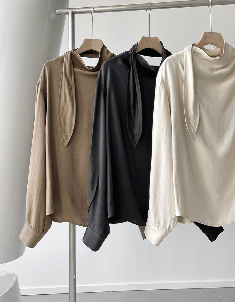 2025 Tachibana popular autumn new top niche temperament chic and thin irregular drape streamer shirt women 4533