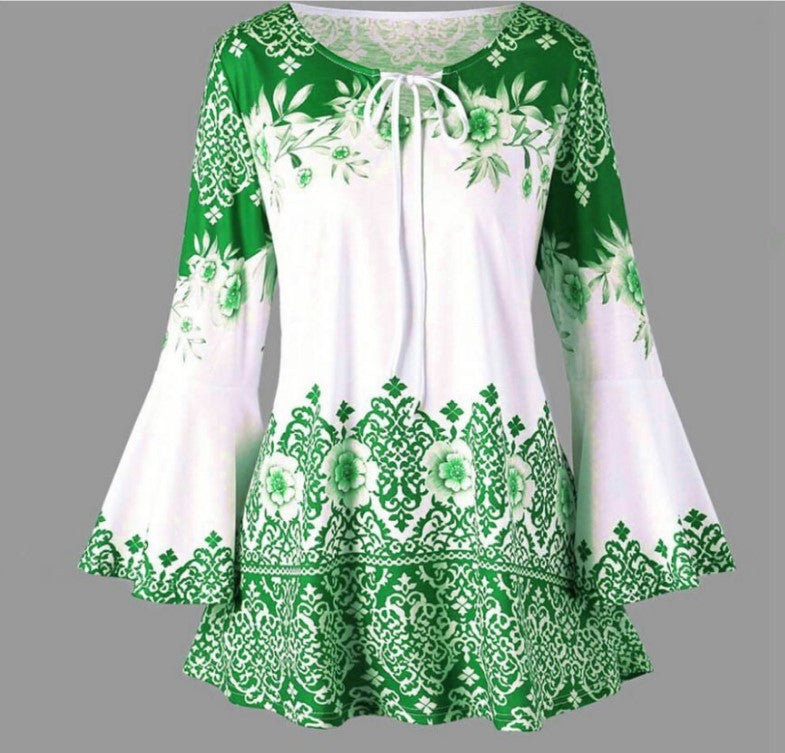 VLOVELAW European and American New Women's Clothing Printing Long Horn Sleeve Lace-up T-shirt Slim Long Sleeve plus Size Women's Clothing