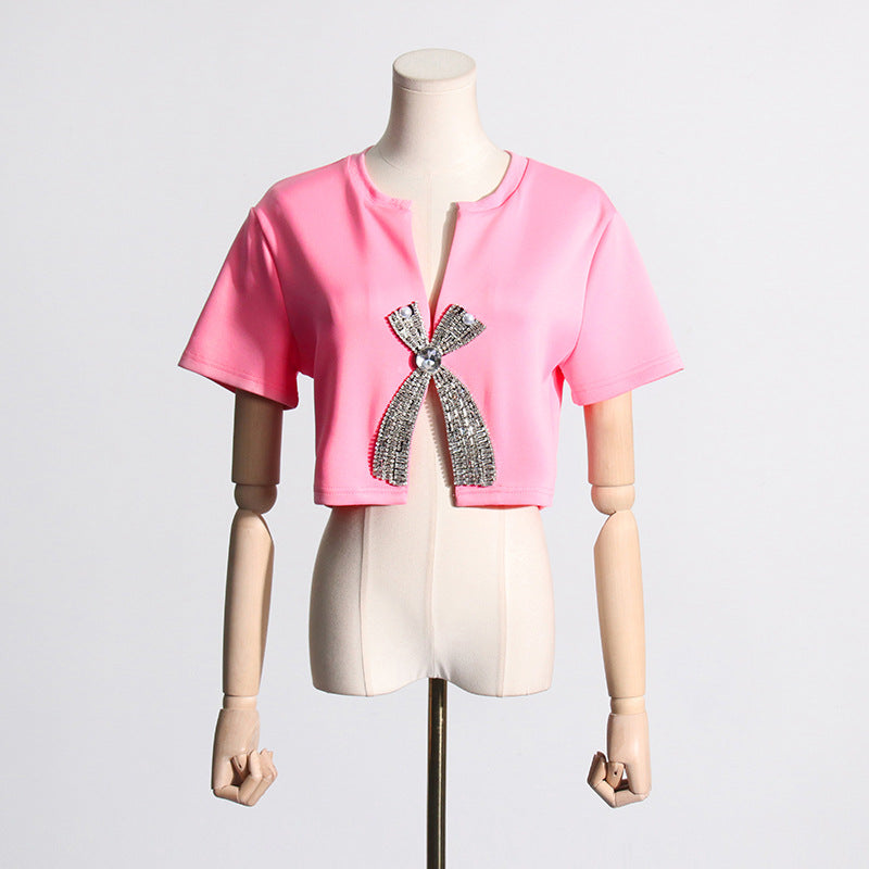 2025 summer new diamond sequined bow design short-sleeved T-shirt women's niche design short top