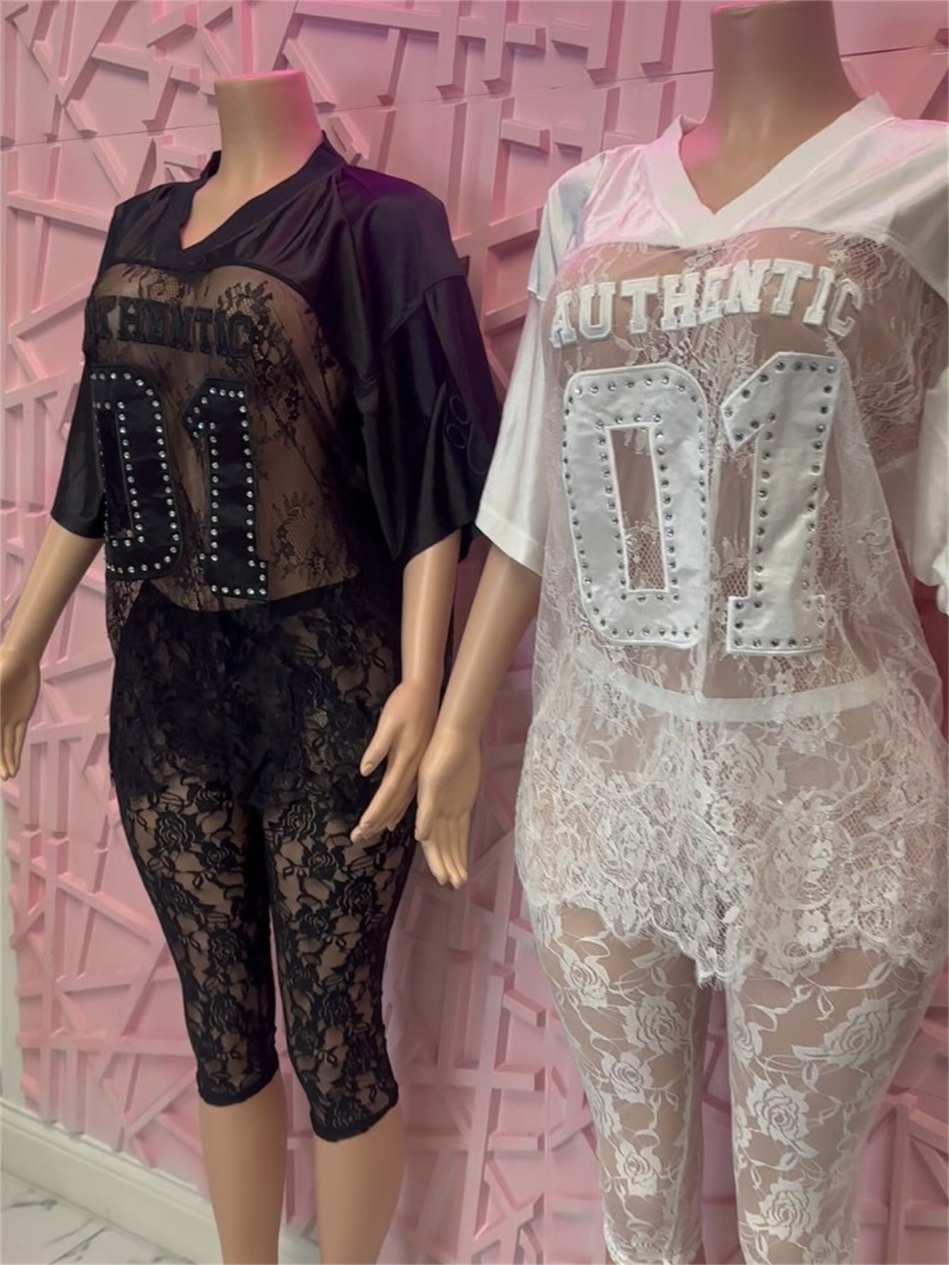 new New Popular trade splicing solid color embroidery hollow lace perspective sexy short-sleeved top shorts set
