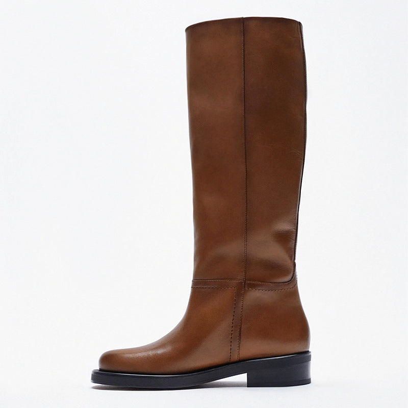Autumn New Long Boots Brown Vintage Cow Leather Leather Boots round Toe Not over the Knee Boots Tall Knight Boots Women