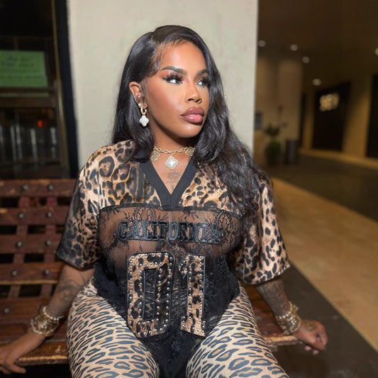 popular New fashion printing retro V-neck short-sleeved lace leopard print splicing top loose casual T-shirt women