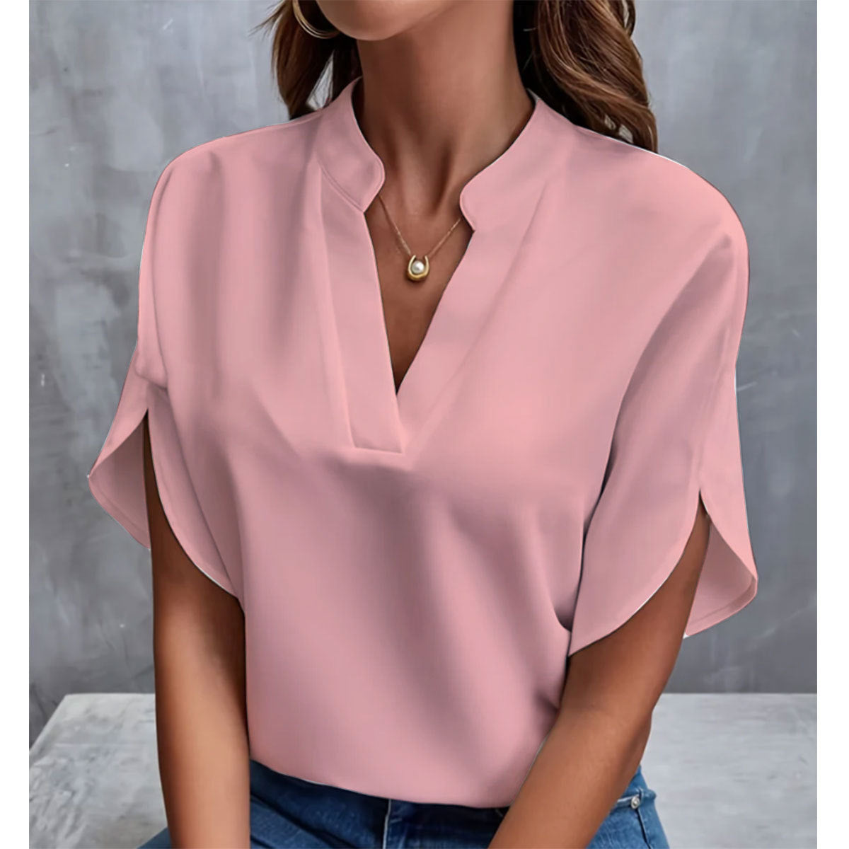 VLOVELAW Foreign Trade Summer New V-neck Shirt Women's Pure Color Casual Versatile European and American Short Sleeve Pullover Shirt
