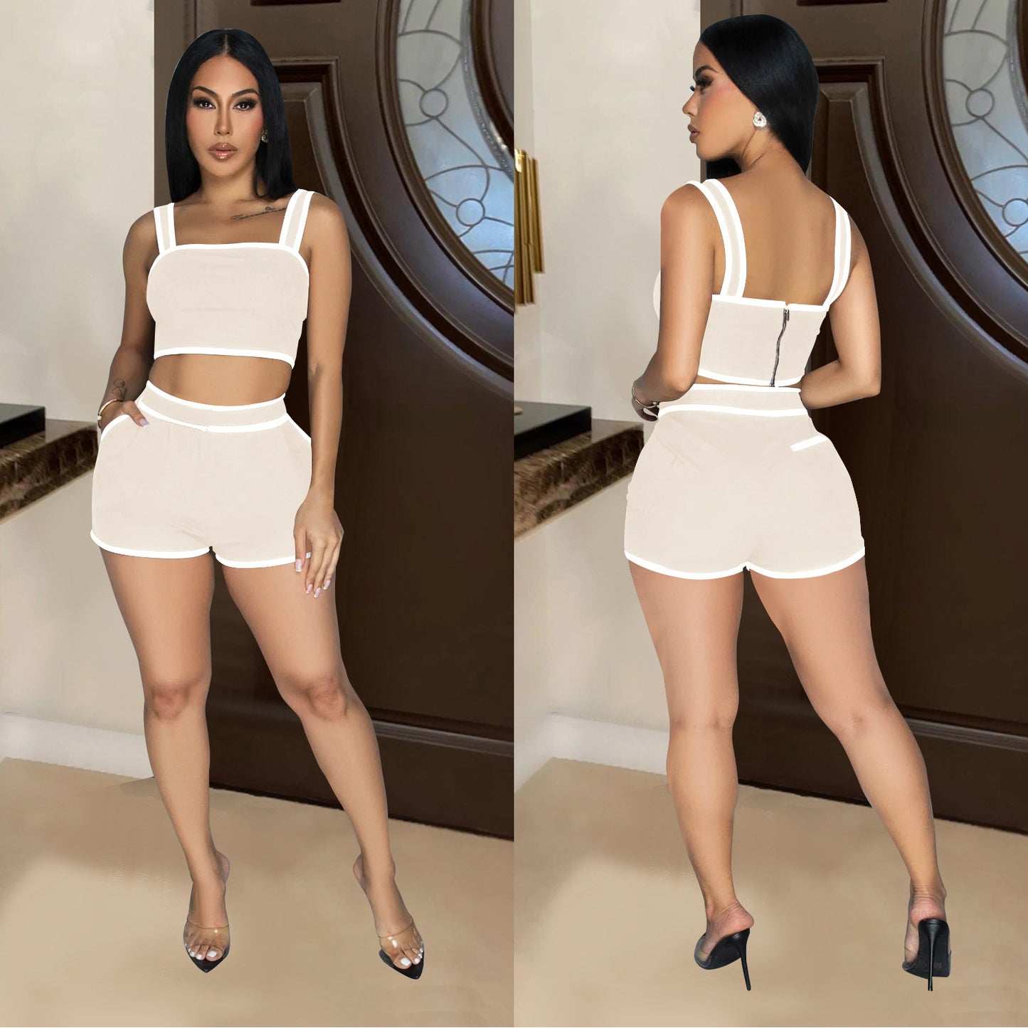 2025 C6966    New  Fashion Women's Clothing Solid Color Suspender Shorts Two-piece Set Women's