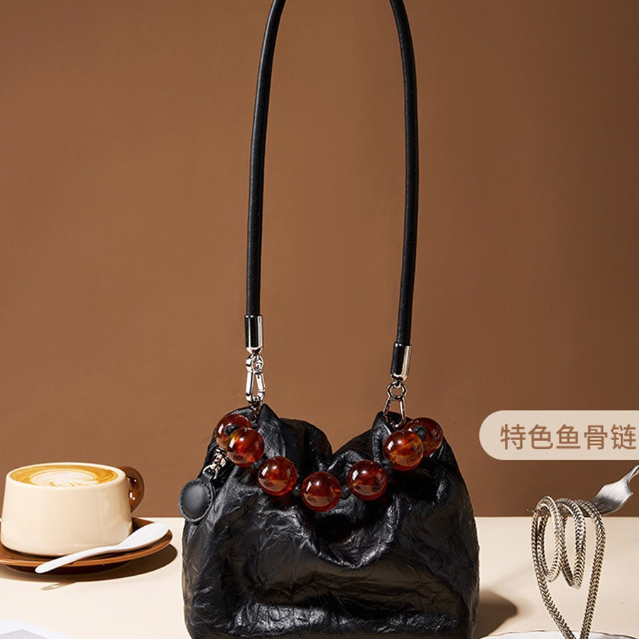 vlovelaw New Chinese Style Beads Hand Holding Dinner Bag Cloud Bag Armpit Dumpling Bag Hand Grip Pattern Top Layer Cowhide Messenger Bag