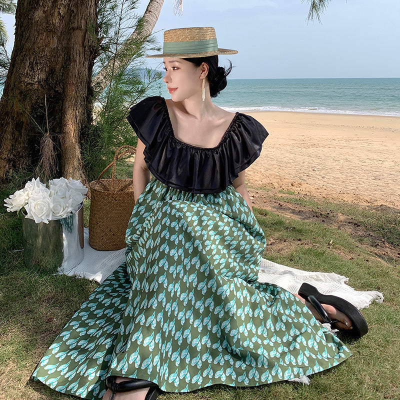 2025 One-word shoulder ruffle dress skirt Sanya seaside travel photo beach skirt showing thin temperament a-word dress summer